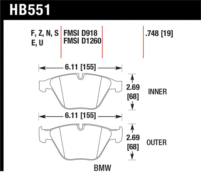 Hawk 07-09 BMW 335d/335i/335xi / 08-09 328i/M3 HT-10 Race Front Brake Pads - HB551S.748