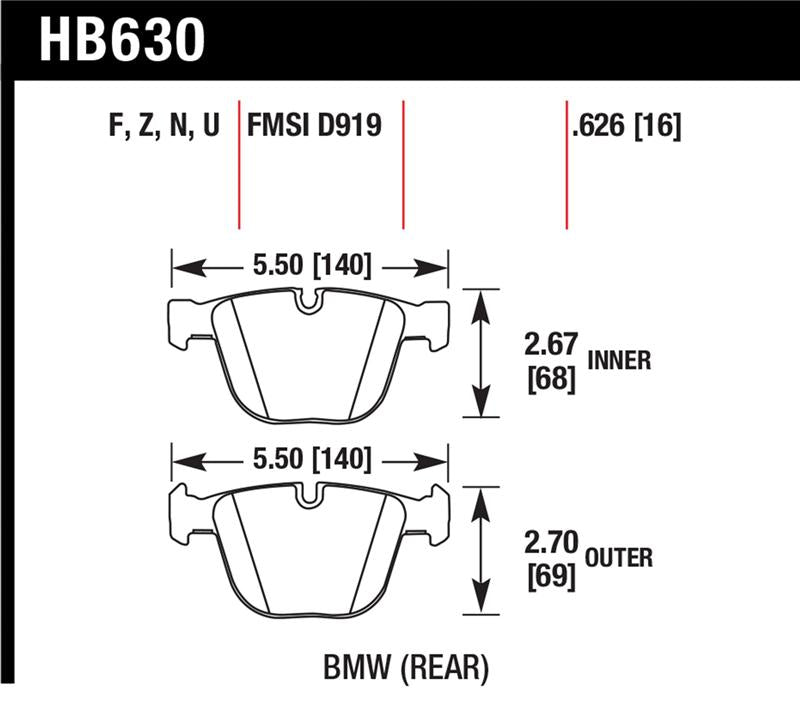 Hawk 04-10 BMW 535i/545i/550i / 04-10 645Ci/650i/02-09 745i/745Li/750 Perf Ceramic Street Brake Pads - HB630Z.626